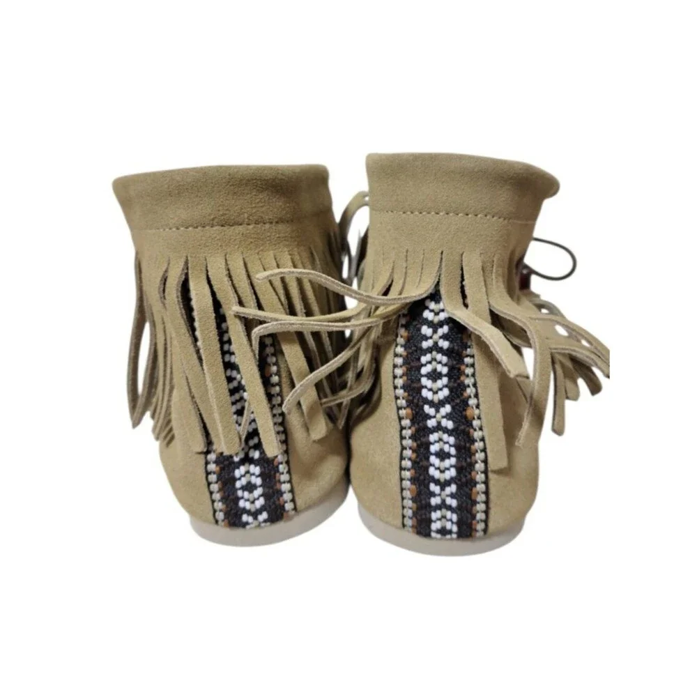 Freewaters Women's Fringe Sand Tan Southwest Classic Moccasin Booties Beads Sz9